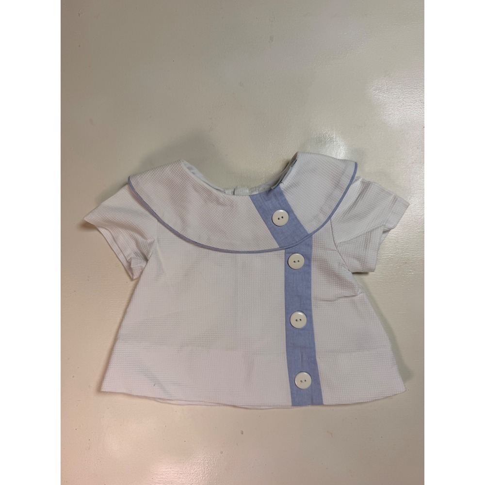 Angels & Company Blouse Kids 6M White Blue Seersucker Pique Button Front